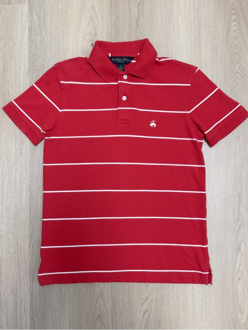 Brooks Brothers Red White Stripe Pique Slim Fit Short Sleeve Polo XS
